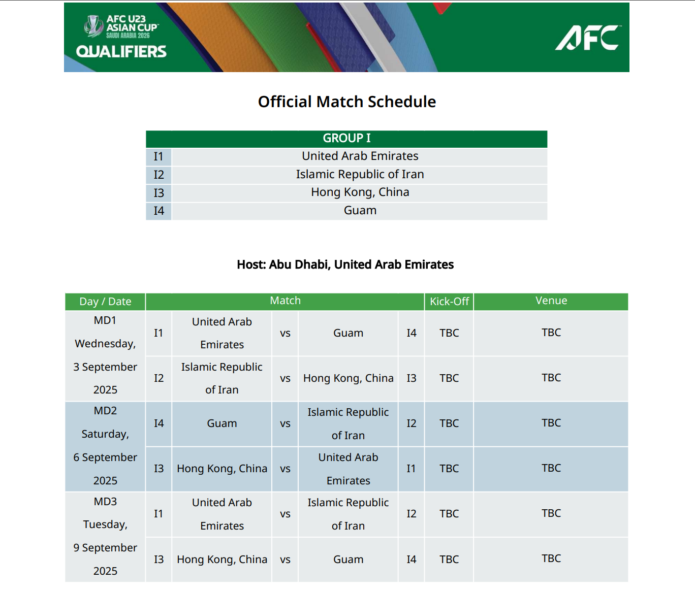 U23 National Team Fixtures Announced for AFC Asian Cup Qualifiers