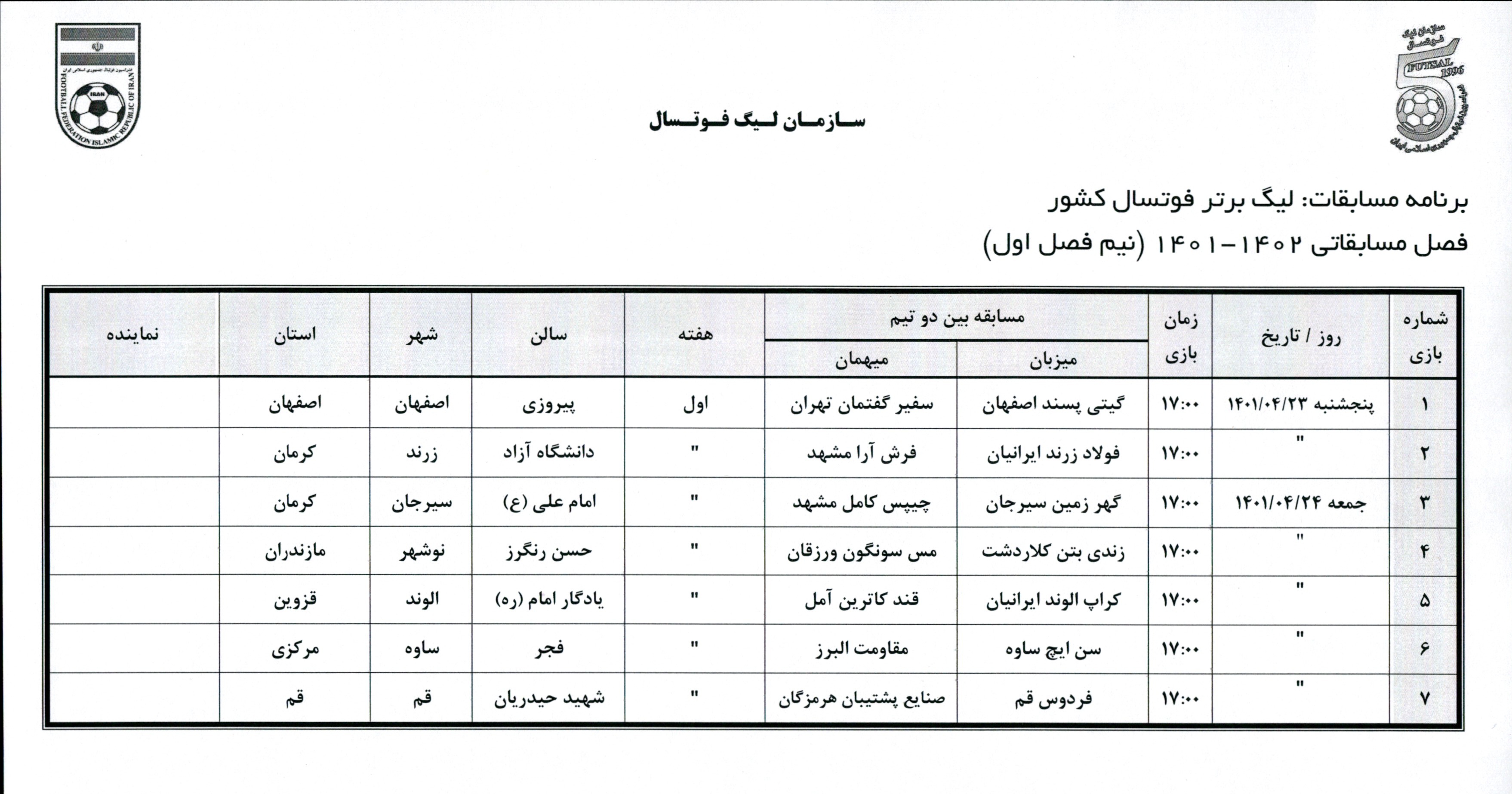 اعلام برنامه بازی های هفته اول تا هشتم لیگ برتر فوتسال ایران