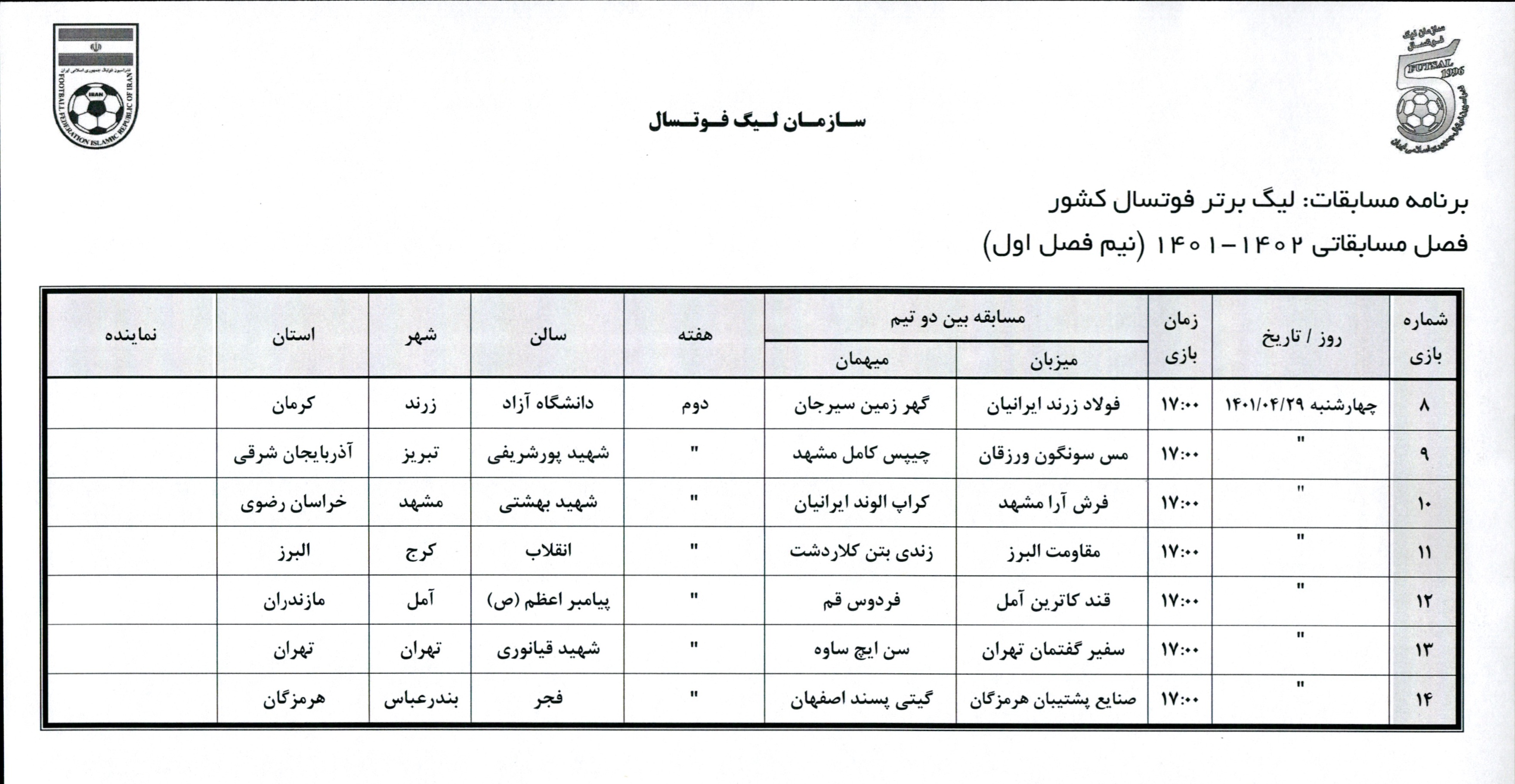اعلام برنامه بازی های هفته اول تا هشتم لیگ برتر فوتسال ایران