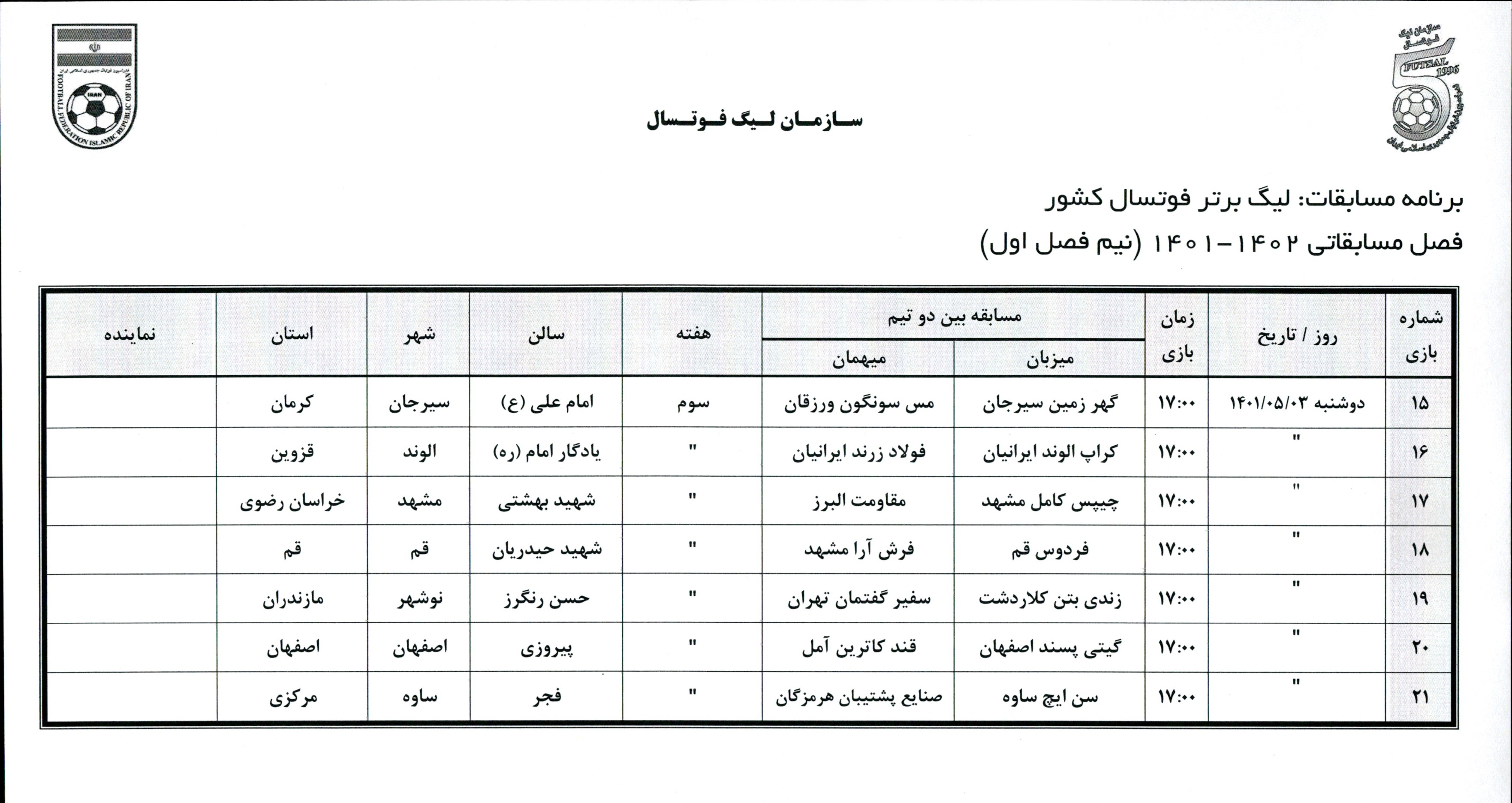 اعلام برنامه بازی های هفته اول تا هشتم لیگ برتر فوتسال ایران