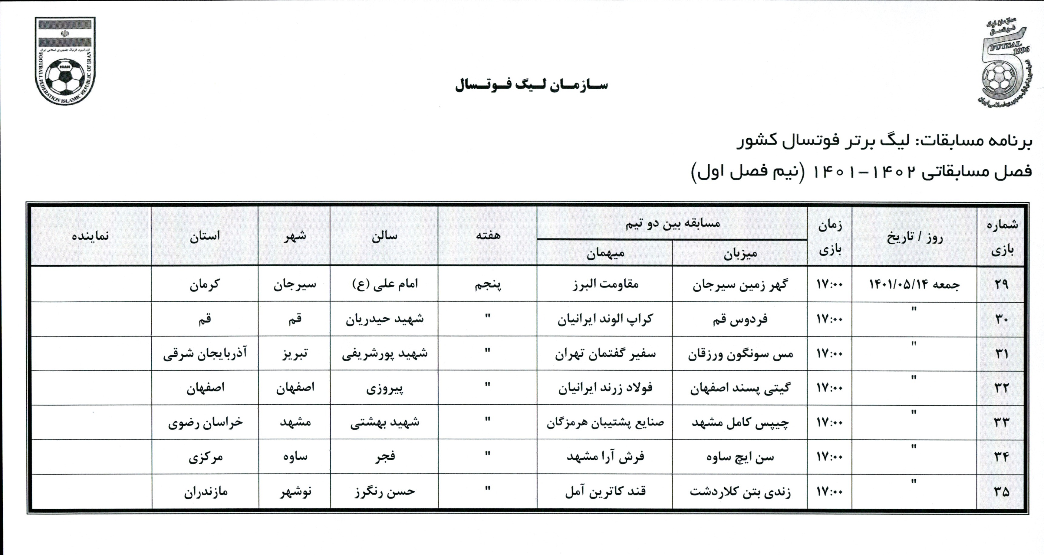 اعلام برنامه بازی های هفته اول تا هشتم لیگ برتر فوتسال ایران