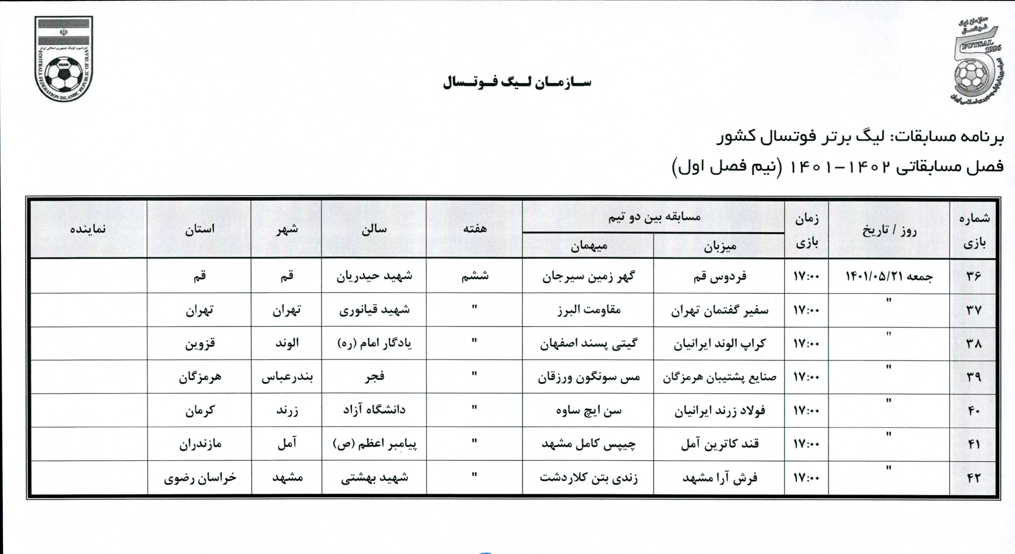 اعلام برنامه بازی های هفته اول تا هشتم لیگ برتر فوتسال ایران
