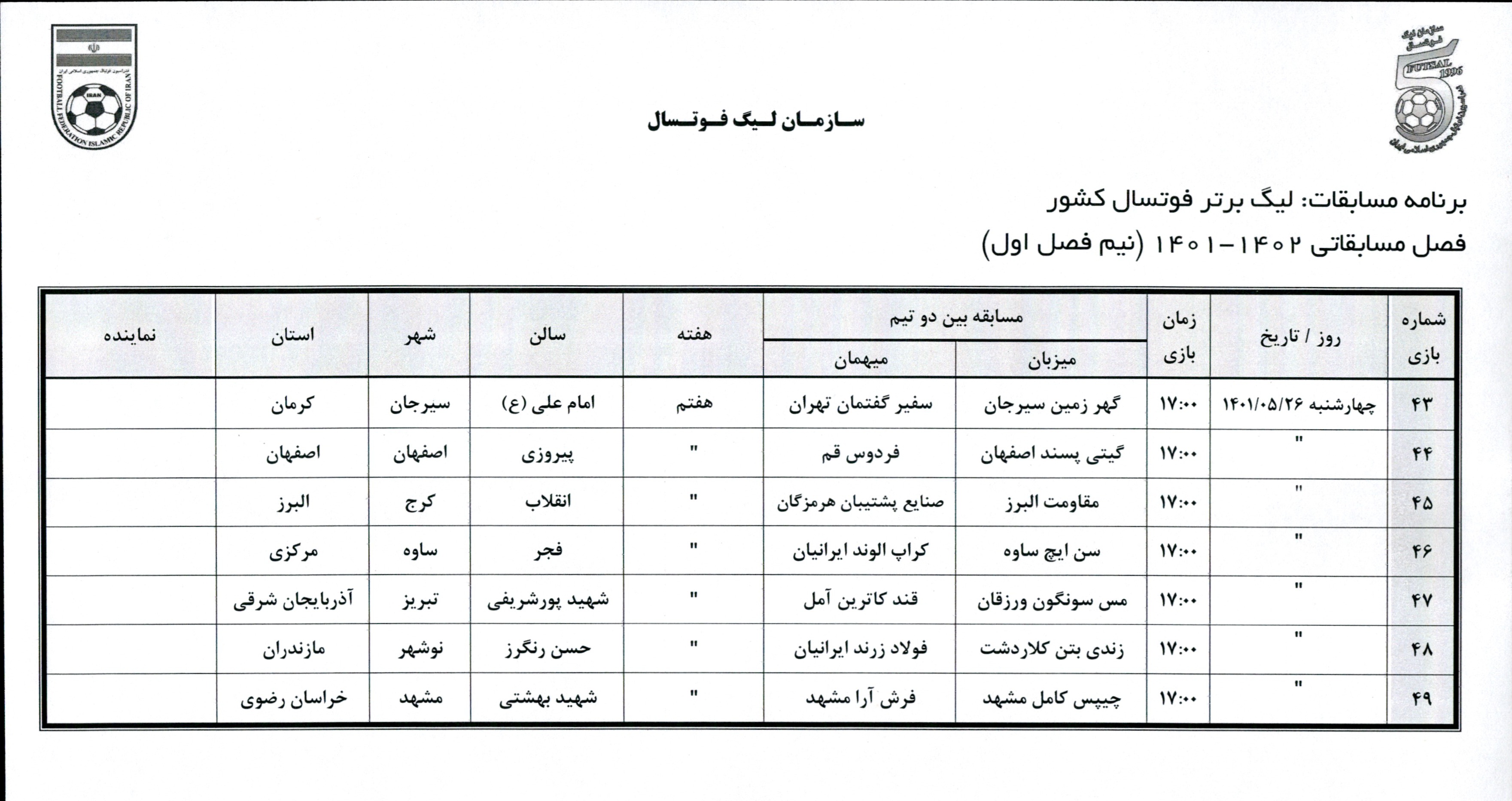اعلام برنامه بازی های هفته اول تا هشتم لیگ برتر فوتسال ایران