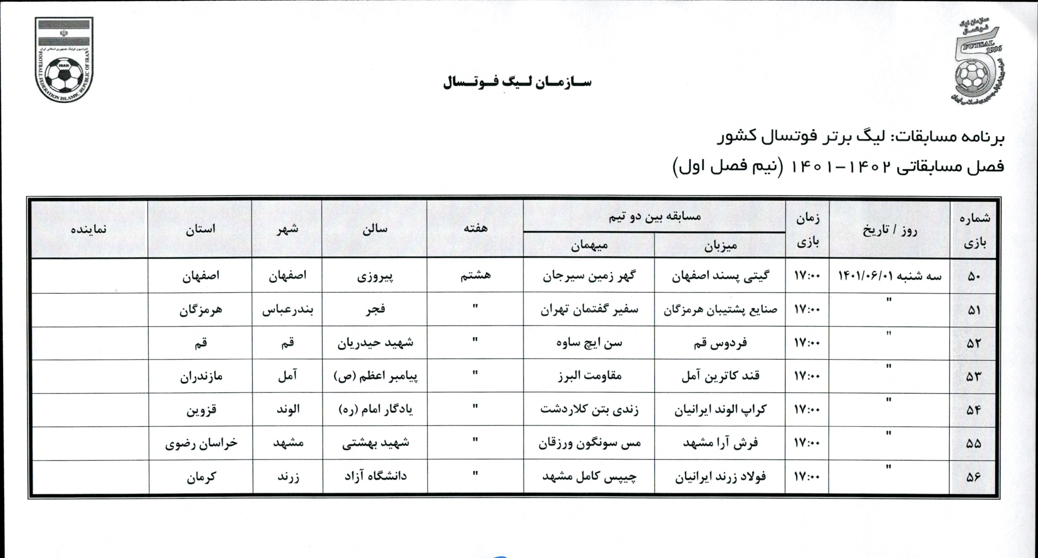 اعلام برنامه بازی های هفته اول تا هشتم لیگ برتر فوتسال ایران