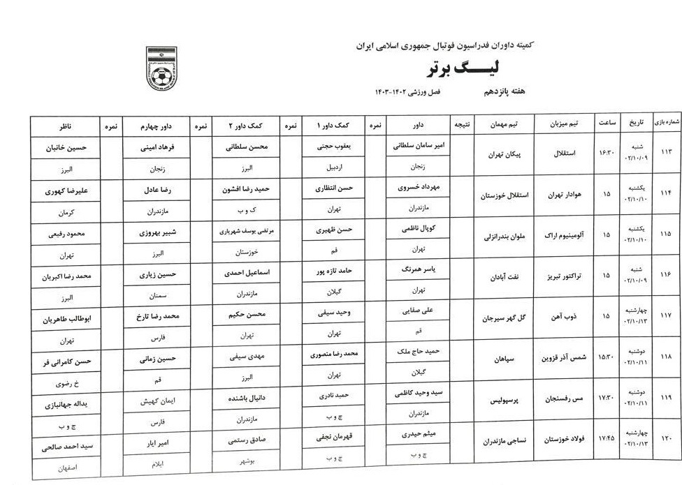 اعلام اسامی داوران هفته پانزدهم لیگ برتر