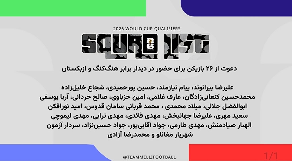 دعوت از ۲۶ بازیکن برای حضور در دیدار برابر هنگکنگ و ازبکستان دعوت از ۲۶ بازیکن برای حضور در دیدار برابر هنگکنگ و ازبکستان