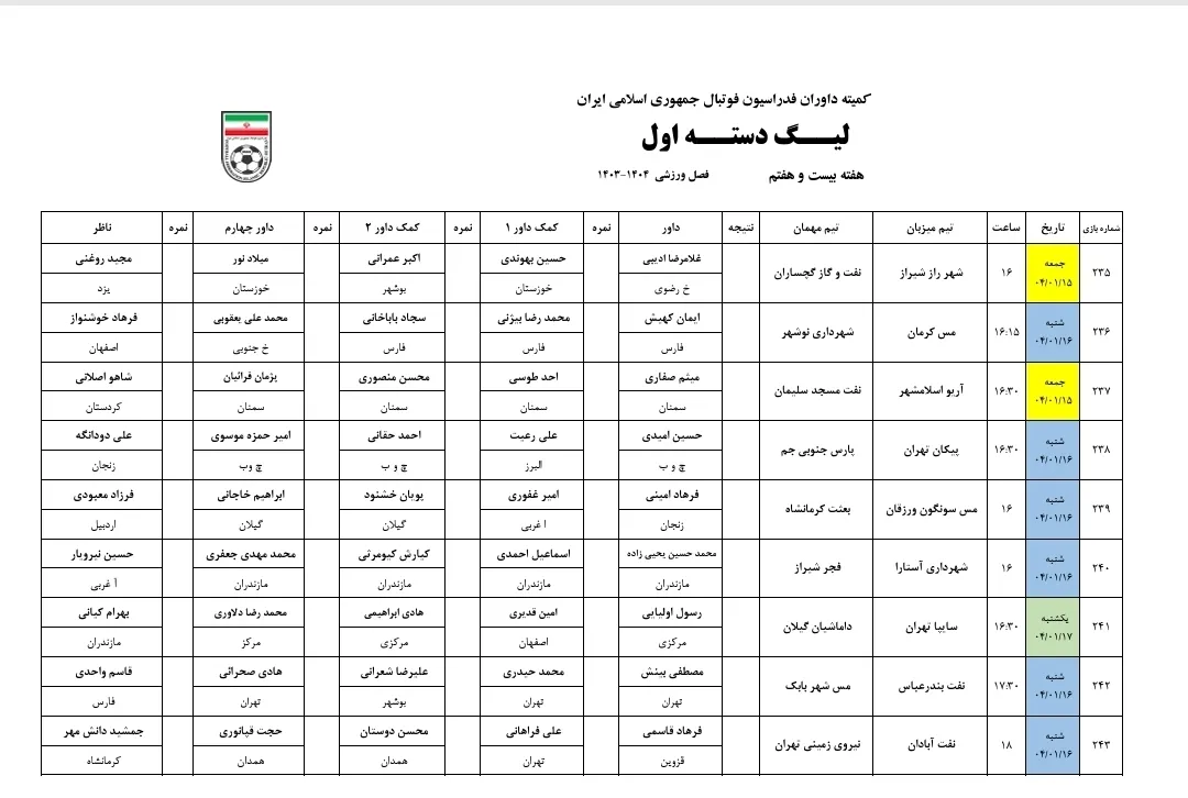 اعلام اسامی داوران هفته بیست و هفتم لیگ دسته اول